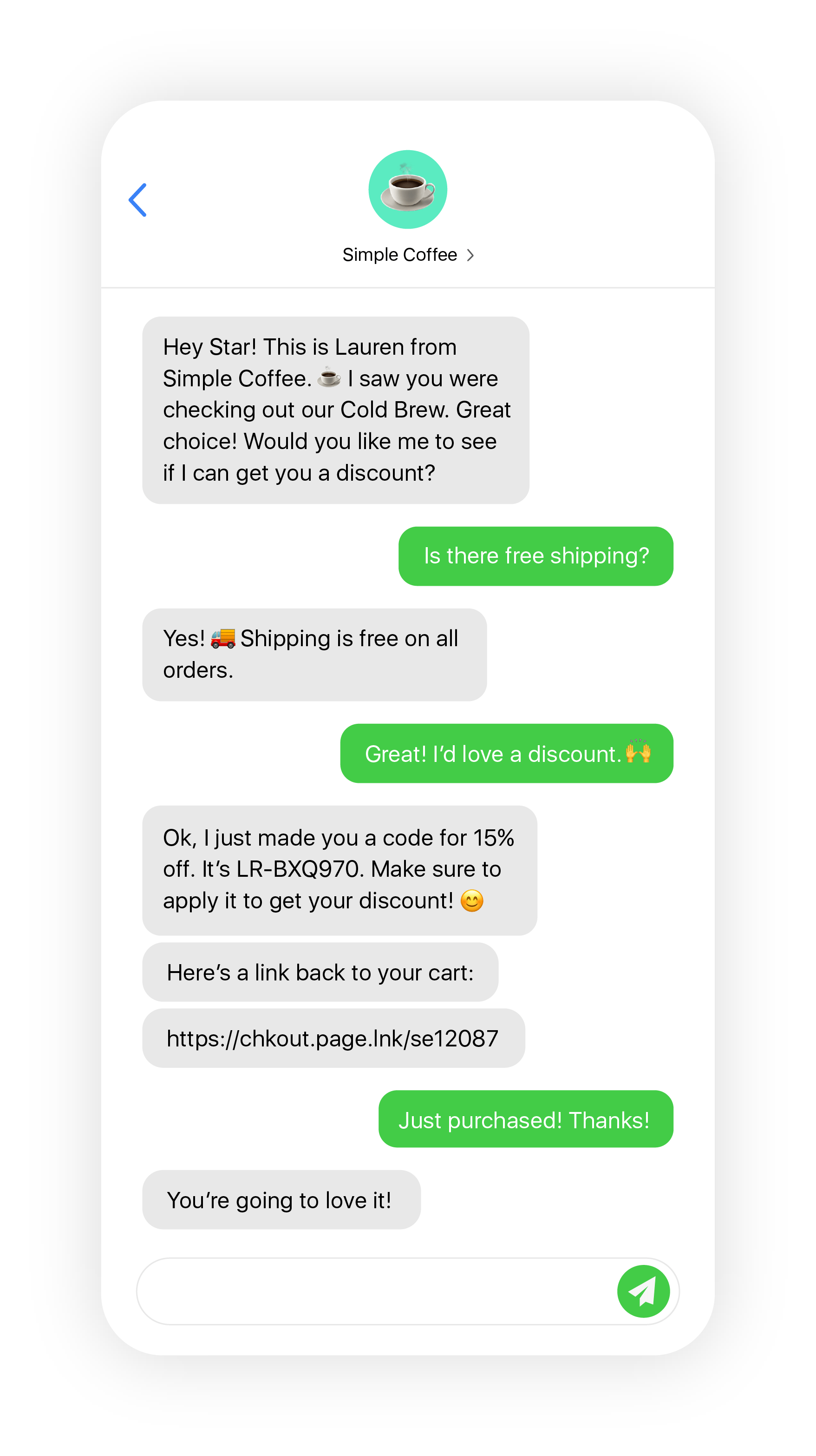 First Mate Abandon Checkout SMS Conversation